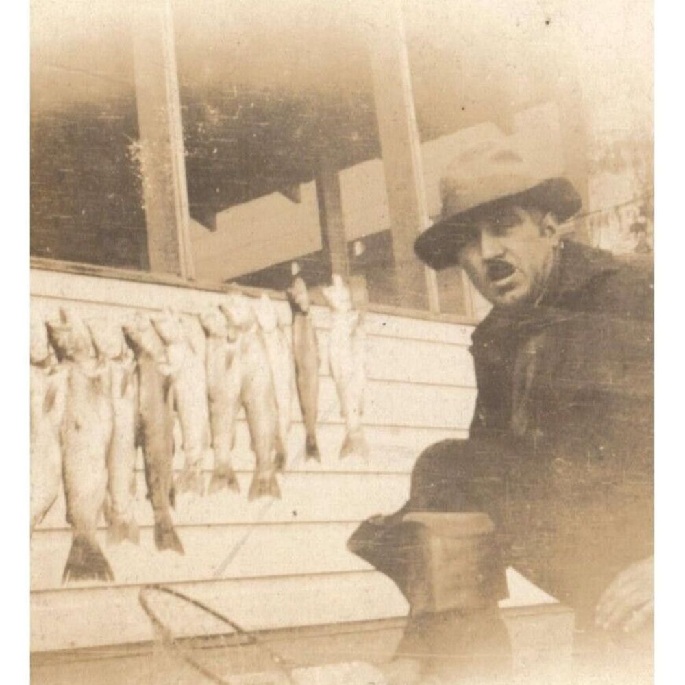 Fisherman Fish Outside Posing Antique Photograph Found Photo Vintage